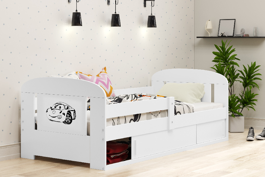 Dječji krevet 80 cm Fimmo (bijela + auto) (s podnicom, madracem i prostorom za odlaganje)