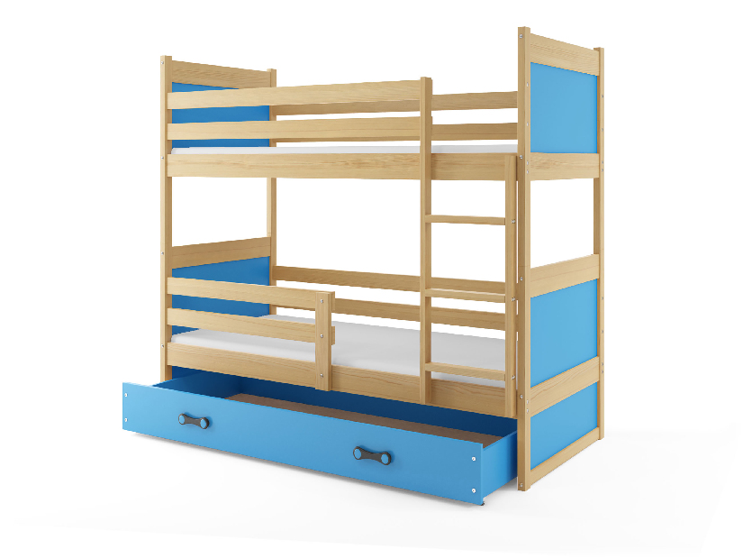 Krevet na kat 90 x 200 cm Ronnie B (bor + plava) (s podnicom, madracem i prostorom za odlaganje)