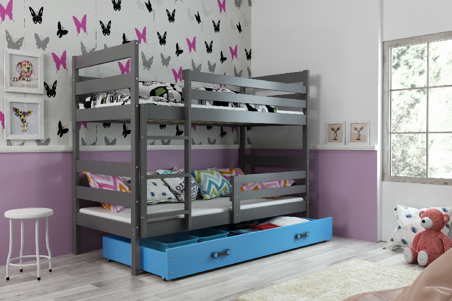 Krevet na kat 90 x 200 cm Eril B (grafit + plava) (s podnicom, madracem i prostorom za odlaganje)