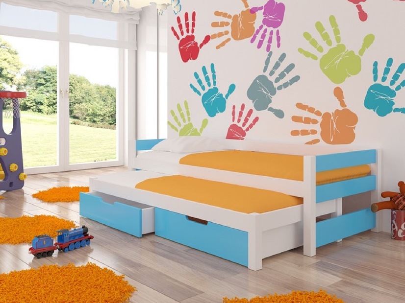 Dječji krevet na razvlačenje 200x90 cm Fifo (s podnicom i madracem) (bijela + plava)