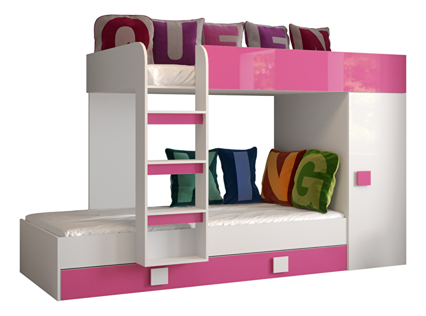 Dječji kombinirani krevet 90 cm Toreno 2 (bijela + bijeli sjaj + ružičasti sjaj)