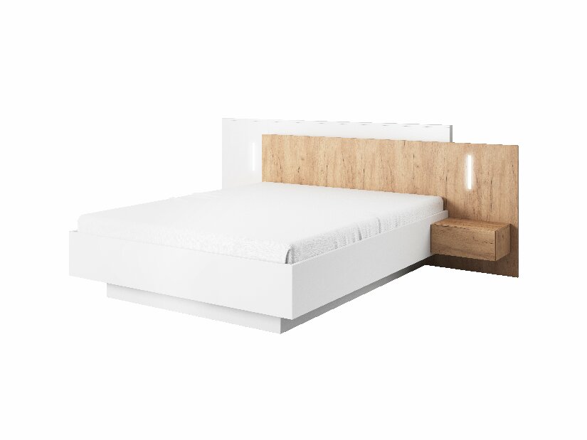 Bračni krevet 160 cm s noćnim stolićima Three (s prostorom za odlaganje) (s rasvjetom) (hrast craft zlatni + bijela)