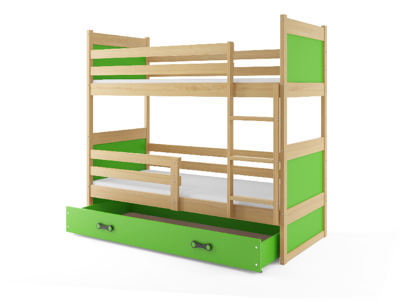 Krevet na kat 80 x 160 cm Ronnie B (bor + zelena) (s podnicom, madracem i prostorom za odlaganje)