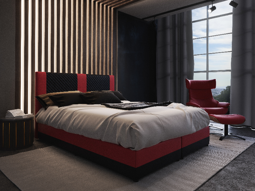 Bračni krevet Boxspring 140 cm Pecos Comfort (ekokoža + crna + crvena) (s madracem i prostorom za odlaganje)