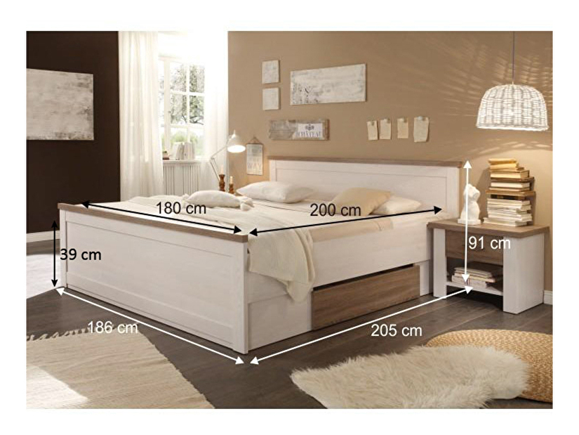 Bračni krevet 180 cm Dawa (prostor za odlaganje + 2 kom stolića) (bijela + hrast sonoma) 