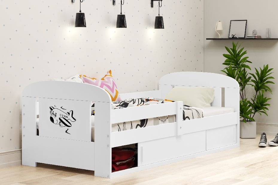 Dječji krevet 80 cm Fimmo (bijela + avion) (s podnicom, madracem i prostorom za odlaganje)