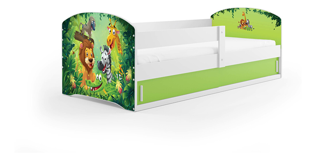 Dječji krevet 80 x 160 cm Lukan (bijela + uzorak jungle) (s podnicom, madracem i prostorom za odlaganje)