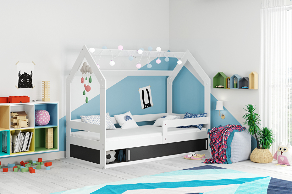 Dječji krevet 80 cm Dormo (bijela + crna) (s podnicom, madracem i prostorom za odlaganje)
