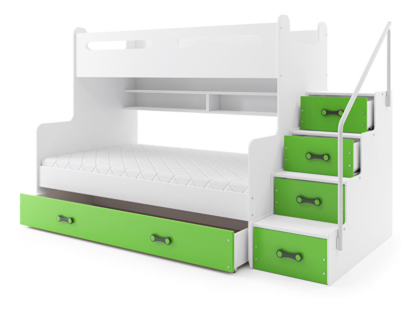 Krevet na kat 120 x 200 cm Moxxo 3 (bijela + zelena) (s podnicom, madracem i prostorom za odlaganje)