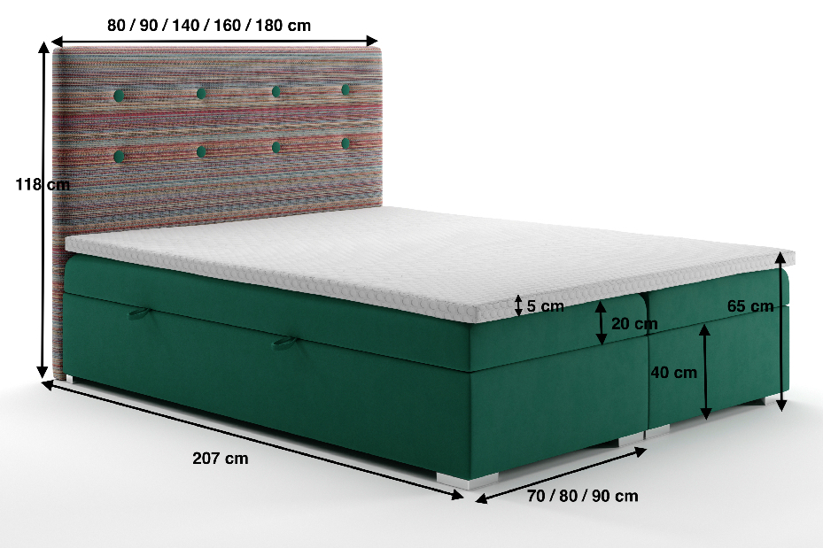 Bračni krevet Boxspring 160 cm Rinoletto (tamno zelena + šareno) (s prostorom za odlaganje)