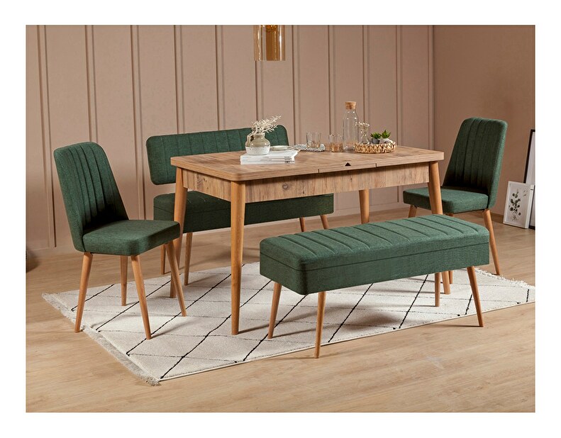 Blagovaonski stol na razvlačenje sa 2 stolice i 2 klupe Vlasta (bor antlantic + zelena)