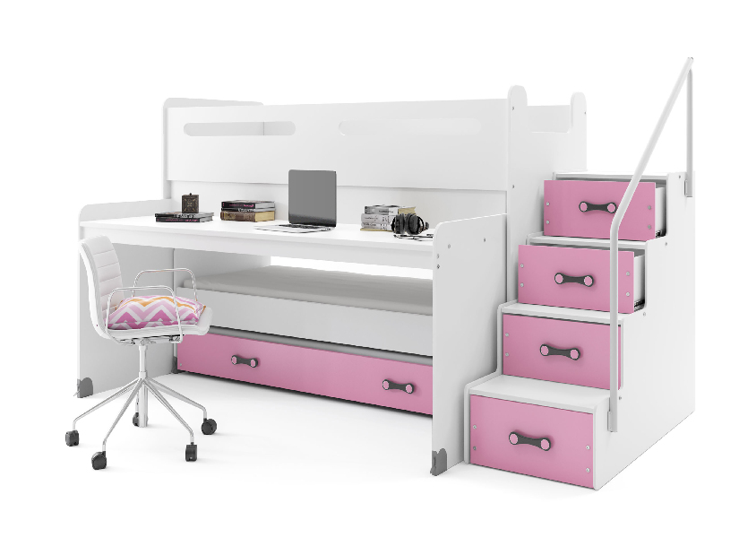 Krevet na kat 80 x 200 cm Moxxo 1 (bijela + ružičasta) (s podnicom, madracem i prostorom za odlaganje)