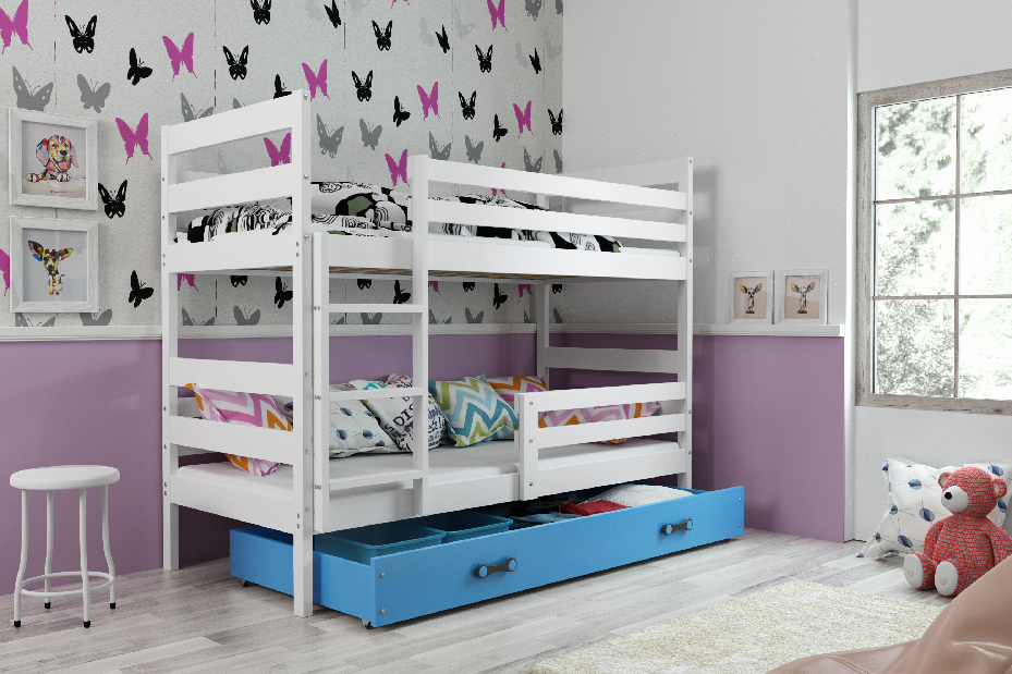 Krevet na kat 80 x 160 cm Eril B (bijela + plava) (s podnicom, madracem i prostorom za odlaganje)