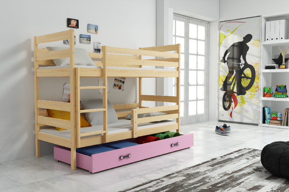 Krevet na kat 90 x 200 cm Eril B (bor + ružičasta) (s podnicom, madracem i prostorom za odlaganje)