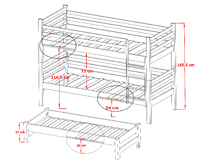 Dječji krevet 80 x 180 cm TORI (s podnicom i prostorom za odlaganje) (borovina)