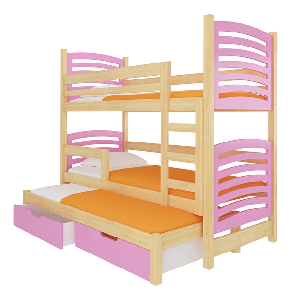 Dječji krevet na kat 180x75 cm Stanislava (s podnicom i madracem) (bor + ružičasta)