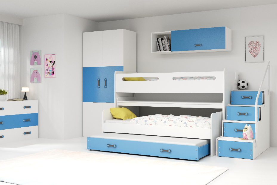 Krevet na kat 80 x 200 cm Moxxo 1 (bijela + plava) (s podnicom, madracem i prostorom za odlaganje)