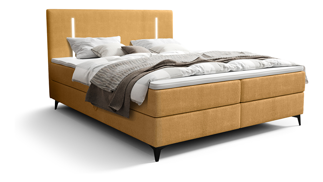Bračni krevet 140 cm Ortega Bonell (boja senfa) (s podnicom, s prostorom za odlaganje) (s LED rasvjetom)