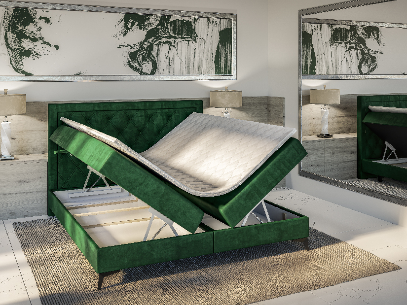 Bračni krevet Boxspring 180 cm Dustin (tamno zelena) (s madracem i prostorom za odlaganje)
