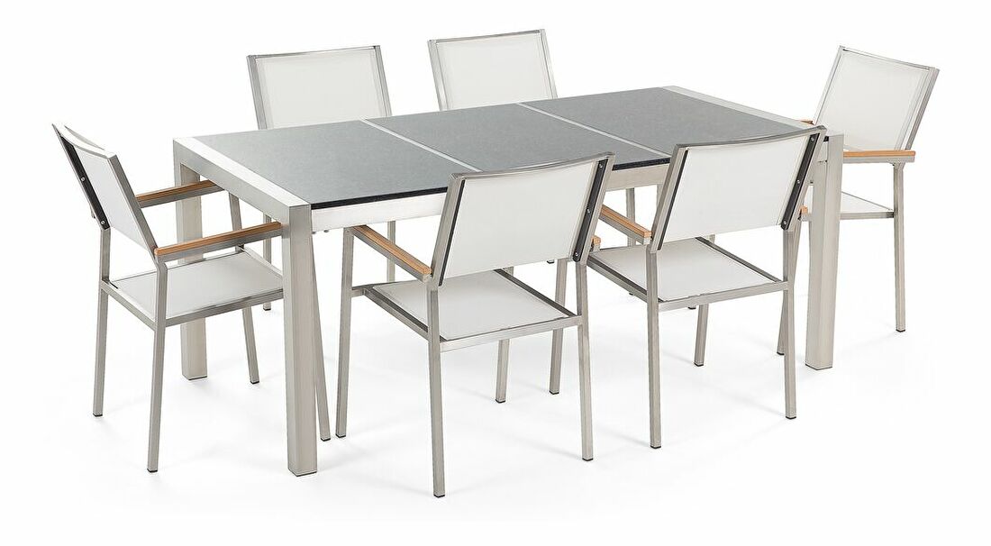 Vrtni blagovaonski set Grosso (siva + tamno siva) (bijele stolice) (za 6 osoba) (granit)