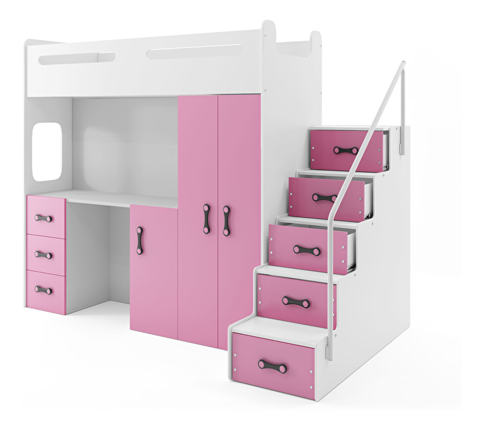 Krevet na kat 80 x 200 cm Moxxo 4 (bijela + ružičasta) (s podnicom, madracem i prostorom za odlaganje)