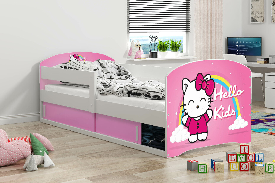 Dječji krevet 80 x 160 cm Lukan (bijela + uzorak hello kids) (s podnicom, madracem i prostorom za odlaganje)