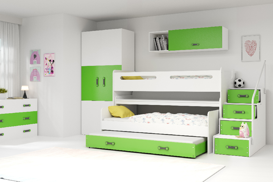 Krevet na kat 80 x 200 cm Moxxo 1 (bijela + zelena) (s podnicom, madracem i prostorom za odlaganje)