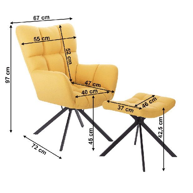 Dizajnerska okretna fotelja Komand (žuta) (s osloncem za noge )