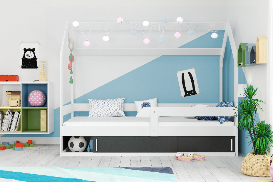 Dječji krevet 80 cm Dormo (bijela + crna) (s podnicom, madracem i prostorom za odlaganje)