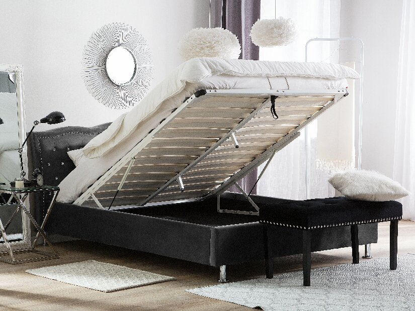 Bračni krevet 160 cm MATH (s podnicom i prostorom za odlaganje) (tamno siva baršunasta)