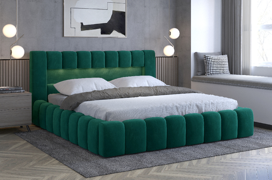 Bračni krevet 140 cm Luxa (tamno zelena) (s podnicom, prostorom za odlaganje i LED)