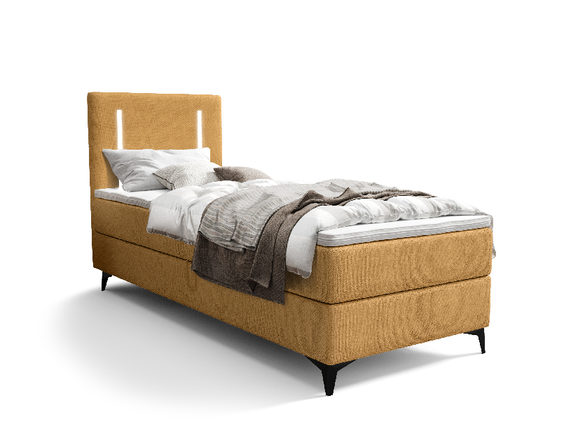 Jednostruki krevet 90 cm Ortega Comfort (boja senfa) (s podnicom i madracem, s prostorom za odlaganje) (s LED rasvjetom)