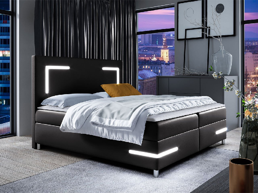 Bračni krevet LED 200 cm Filia (crna ) (s podnicom, madracem i prostorom za odlaganje)