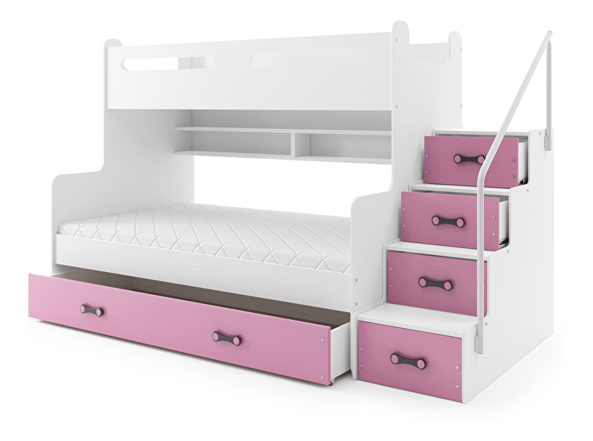 Krevet na kat 120 x 200 cm Moxxo 3 (bijela + ružičasta) (s podnicom, madracem i prostorom za odlaganje)