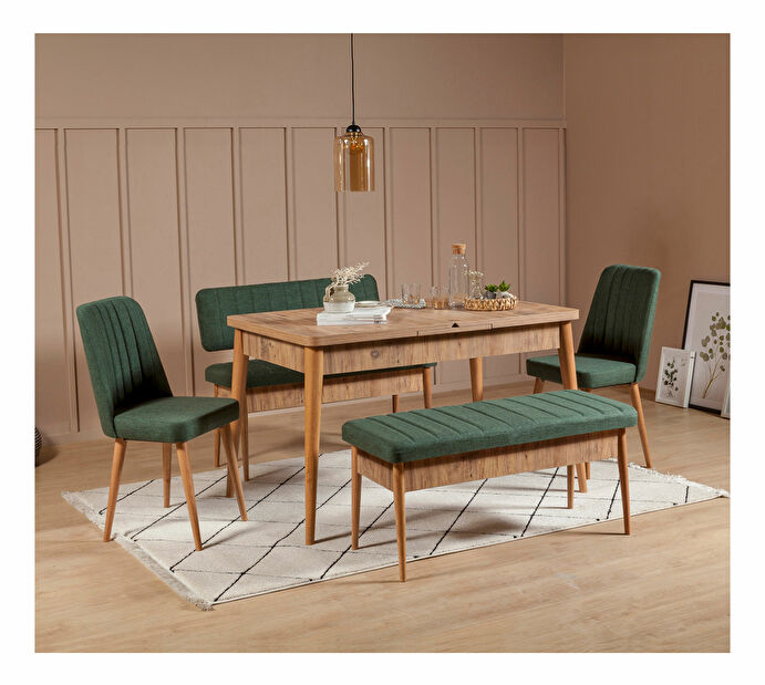 Blagovaonski stol na razvlačenje sa 2 stolice i 2 klupe Vlasta (bor antlantic + zelena)