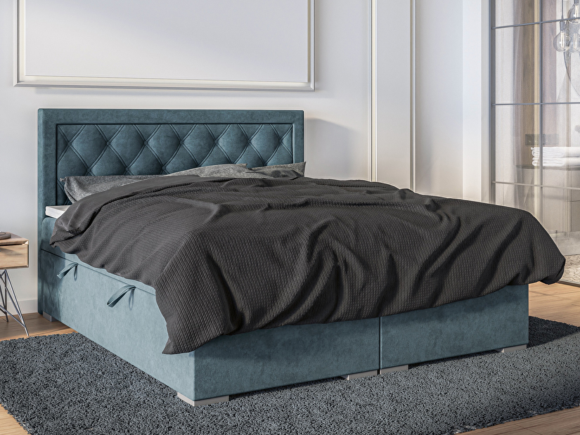 Bračni krevet Boxspring 180 cm Maximilian (traper plava) (s madracem i prostorom za odlaganje)