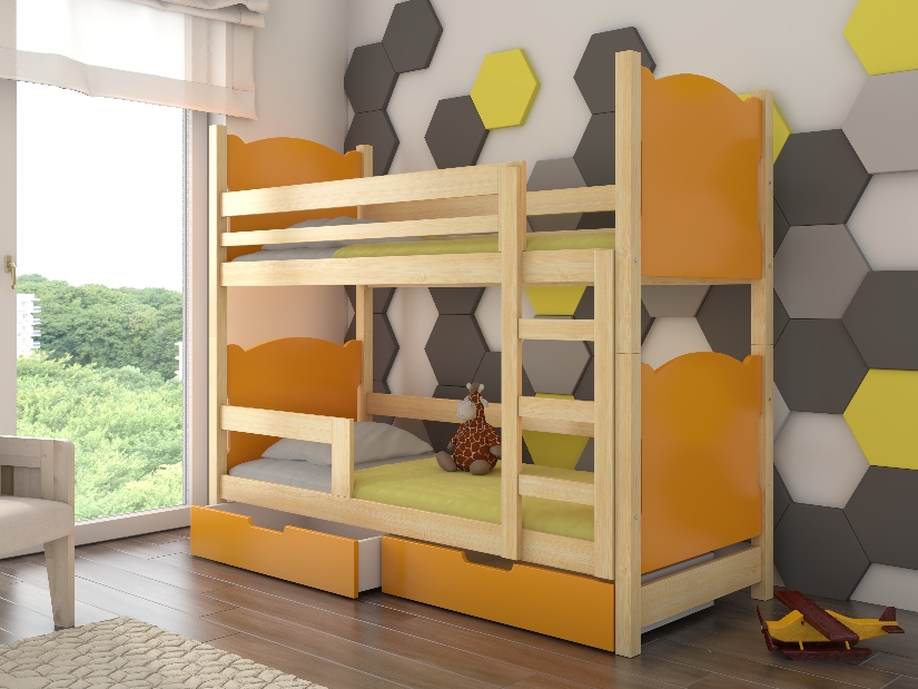 Dječji krevet na kat 180x75 cm Marryann (s podnicom i madracem) (bor + narančasta)