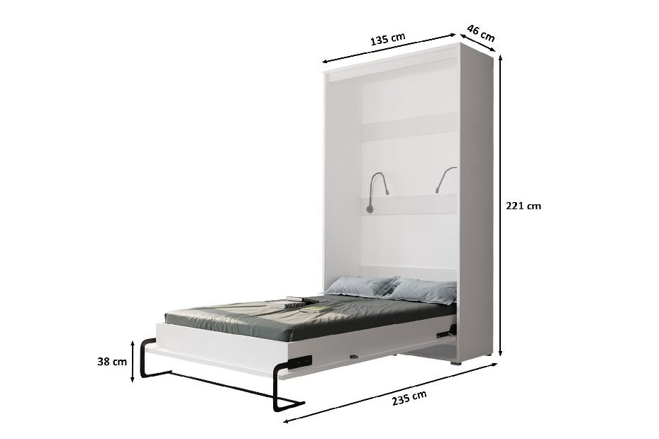 Krevet na sklapanje 120 Homer (bijela mat + bijela sjajna) (vertikalni) (s rasvjetom)