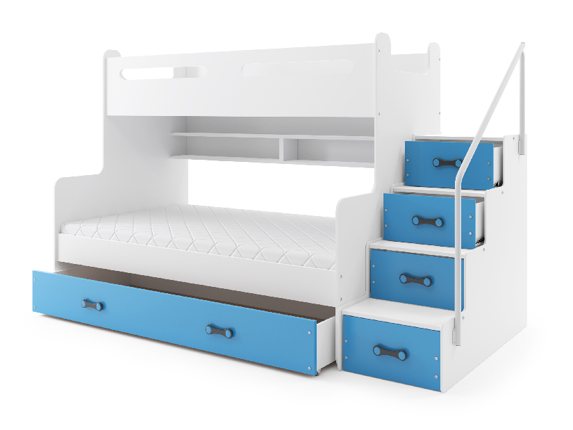 Krevet na kat 120 x 200 cm Moxxo 3 (bijela + plava) (s podnicom, madracem i prostorom za odlaganje)