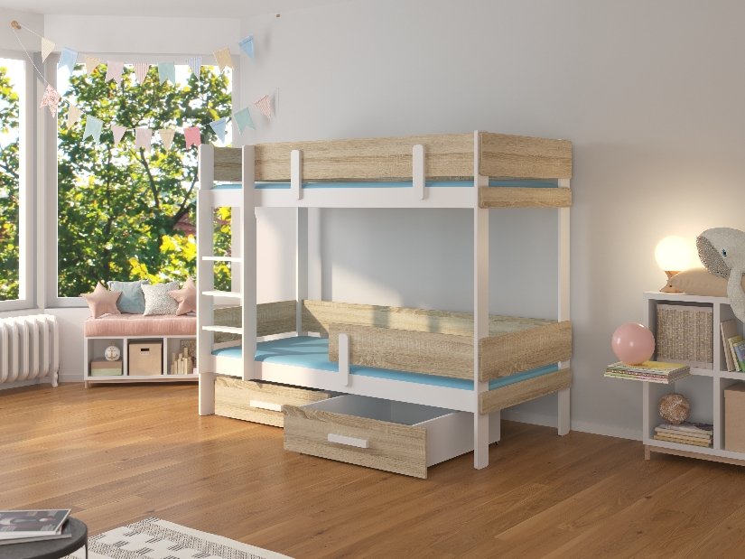 Dječji krevet na kat 200x90 cm Ellen (s podnicom) (bijela + hrast sonoma)