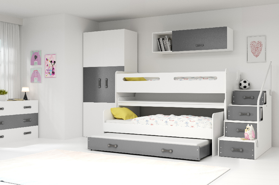 Krevet na kat 80 x 200 cm Moxxo 1 (bijela + grafit) (s podnicom, madracem i prostorom za odlaganje)