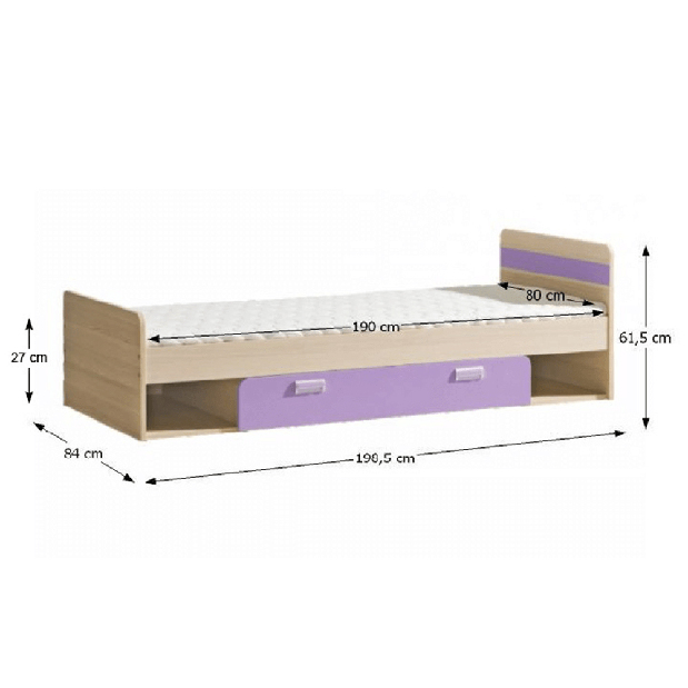 Jednostruki krevet 80 cm Echo L13 ljubičasta (S podnicom i madracom) 