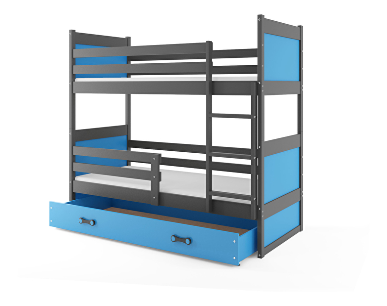 Krevet na kat 80 x 190 cm Ronnie B (grafit + plava) (s podnicom, madracem i prostorom za odlaganje)