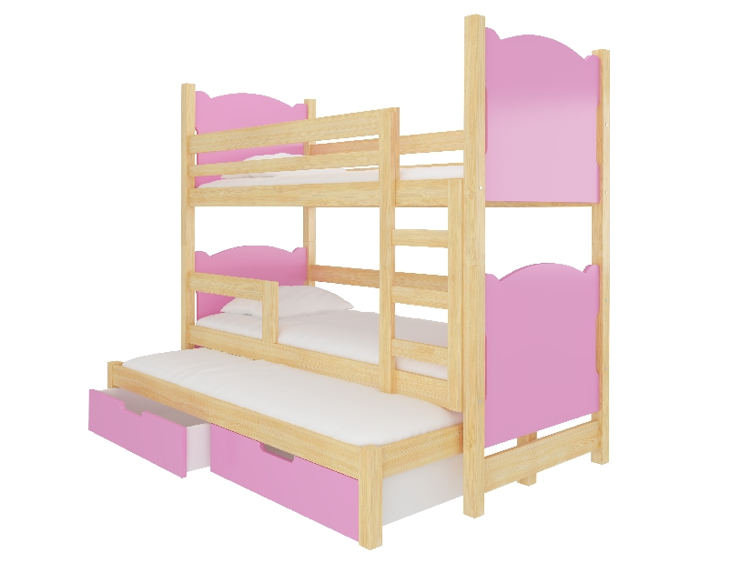 Dječji krevet na kat 180x75 cm Lukrécia (s podnicom i madracem) (bor + ružičasta)