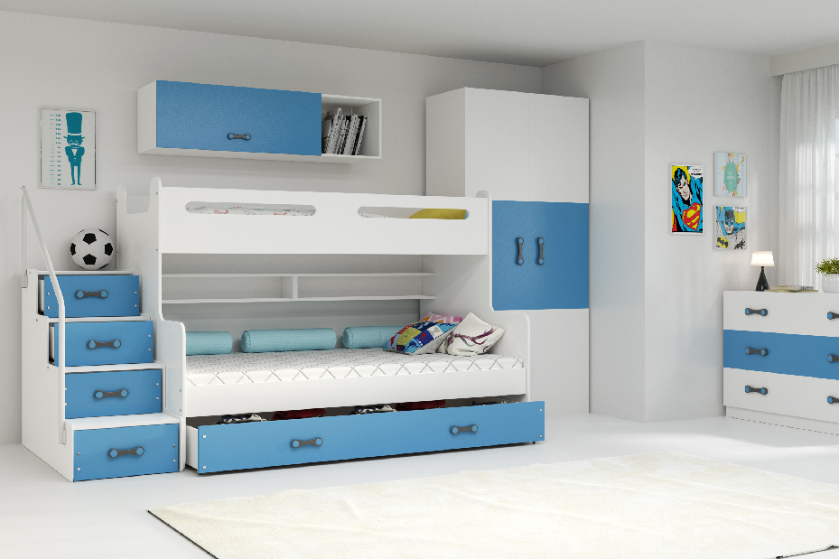 Krevet na kat 120 x 200 cm Moxxo 3 (bijela + plava) (s podnicom, madracem i prostorom za odlaganje)