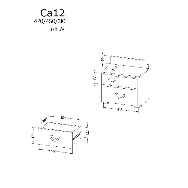 Noćni stolić tip CA12 Caryl (svijetli grafit + bijela sjajna + hrast Nash)