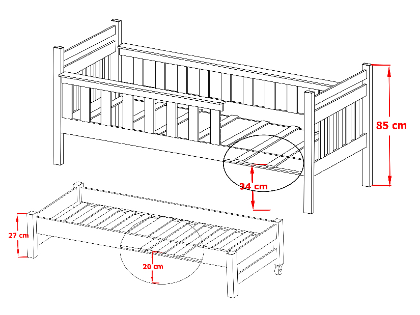 Dječji krevet 80 x 180 cm DORIA (s podnicom i prostorom za odlaganje) (borovina)