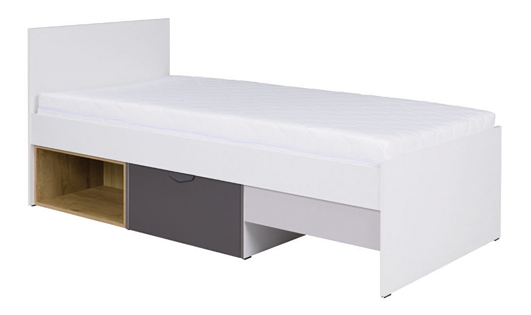 Jednostruki krevet 90x200 cm Juna 15 (bijela + grafit + siva + hrast lefkas) (s podnicom)