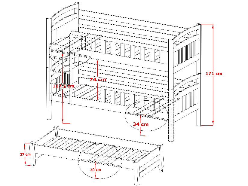 Dječji krevet 90 x 190 cm VIOLA (s podnicom i prostorom za odlaganje) (borovina)