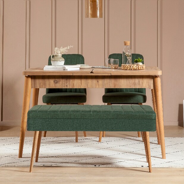 Blagovaonski stol na razvlačenje s 2 stolice i klupom Vlasta (bor antlantic + zelena)